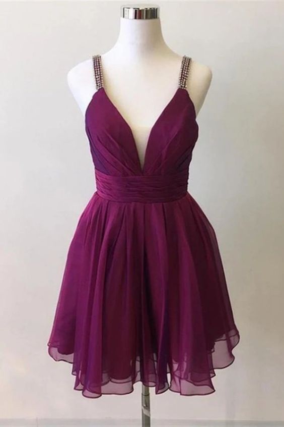 Cute Deep V Neck Purple Chiffon Beads Formal Dresses Homecoming Dresses cg8299