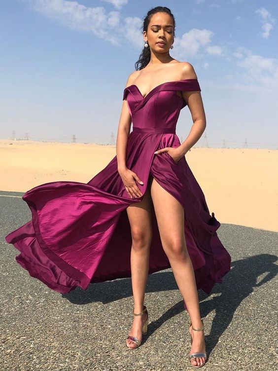 Off Shoulder Purple Long Prom Dresses with High Slit, Off the Shoulder Purple Formal Graduation Evening Dresses with Pockets cg8317