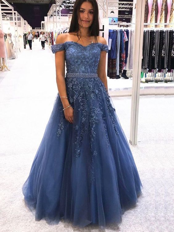 Off Shoulder Appliques Blue Lace Long Prom Dresses 2020, Off Shoulder Blue Formal Dresses, Blue Lace Evening Dresses cg8318