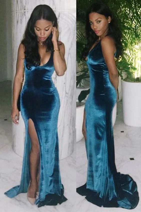 Dark Blue Velvet Spaghetti Straps Slit Mermaid Long Prom Dresses Formal Evening Fancy Dress cg8329