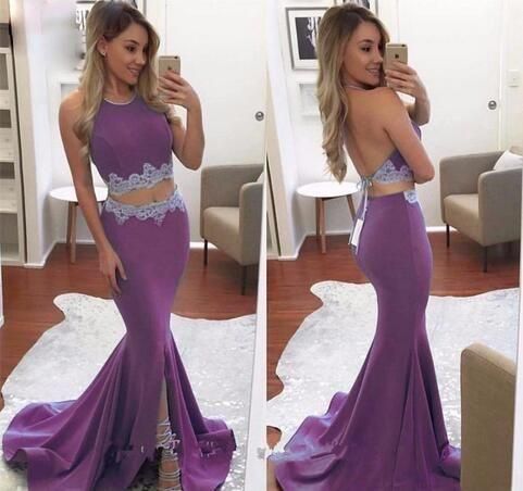 Two Pieces Prom Dresses Jewel Sleeveless Evening Dresses Backless Mermaid Peplum Split With Lace Applique Custom Made Formal Party Gowns cg8331