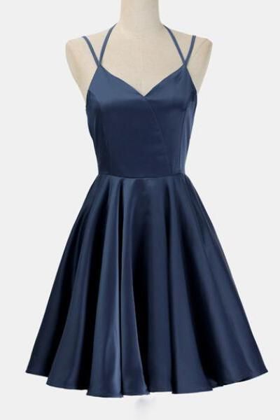 SIMPLE DARK BLUE SPAGHETTI STRAPS SHORT HOMECOMING DRESS PARTY GOWNS cg8335