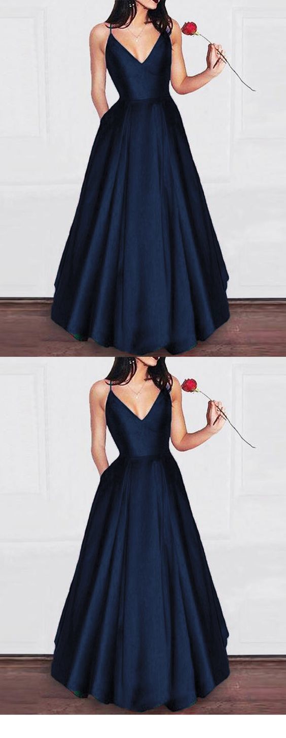 Red Long V-neck A-line Simple Princess Cheap Satin Prom Dresses cg834