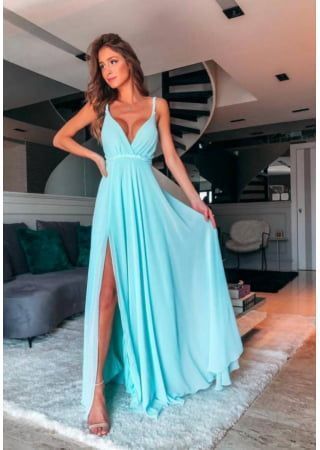 V neck Light Blue A Line Prom Dresses, Sexy Slit Long Evening Dress cg8360
