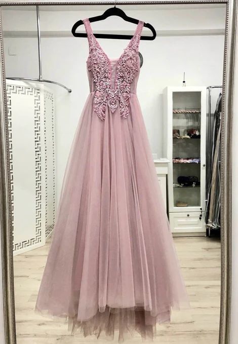 Pink V neck Tulle Long Prom Dresses, Pink Evening Dress cg8361