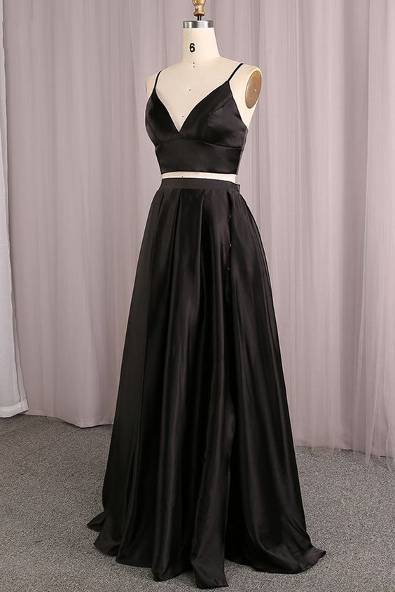 Sexy Black Two Piece Straps Fashionable Prom Dress, Black Evening Dress cg8368