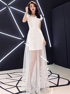 White Prom Dresses Long Illusion Short Sleeve Formal Party Dress cg8377
