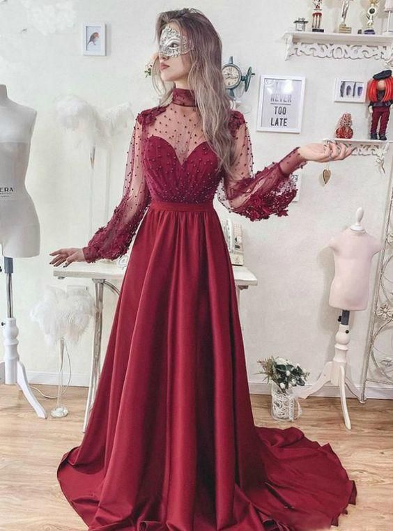 A-Line Burgundy High Neck Long Sleeve Backless Prom Dress cg8384