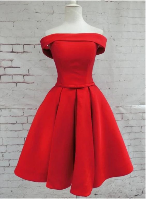 Beautiful Red Satin Short Party Dress, Red Off Shoulder Homecoming Dress cg8386