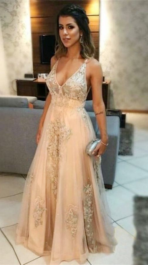 Charming V neck Tulle Appliques Prom Dress, Sexy Appliques Long Evening Dress, Formal Gown cg8396