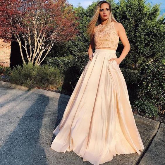 Champagne Prom Dress,Satin Prom Gown, Two-Pieces Prom Dress, Beading Prom Gown cg8417