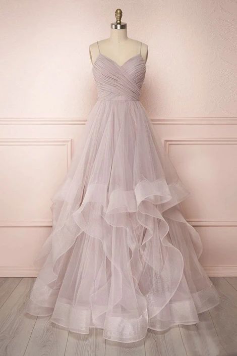 Simple Long Tulle Dress V Neck Layered Prom Dress Graduation Dress cg8420