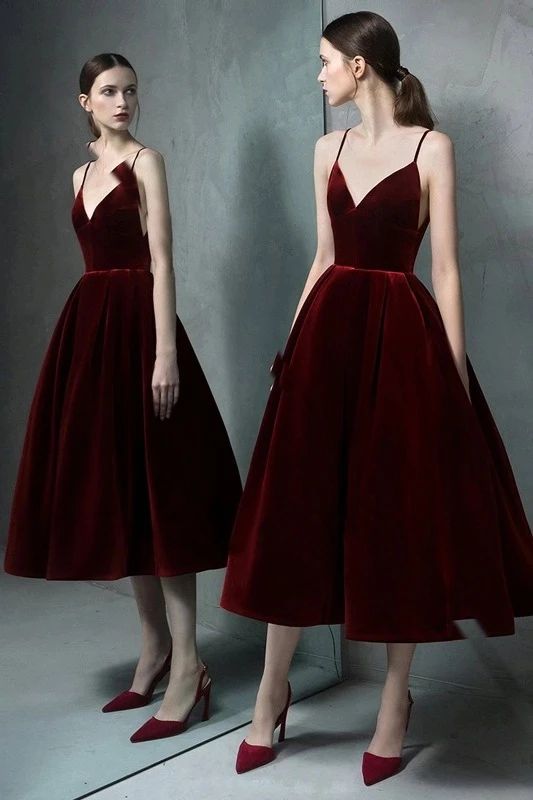 Spaghetti straps evening dress red party dress velvet prom dress cg8425