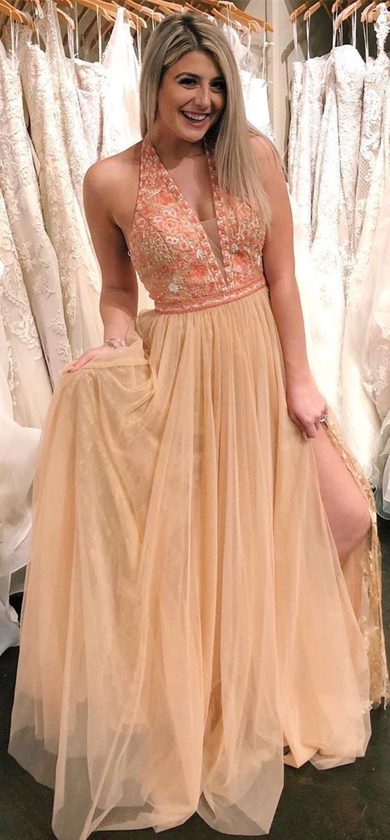 Sexy Halter Appliques Tulle Long Prom Dresss with Slit, Charming Evening Party Dress cg8442