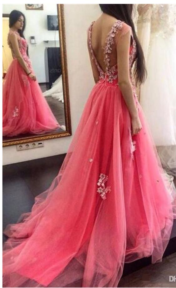 New Fashion V Back Backless Evening Dress, Sexy Tulle Long Prom Dress with Appliques cg8449