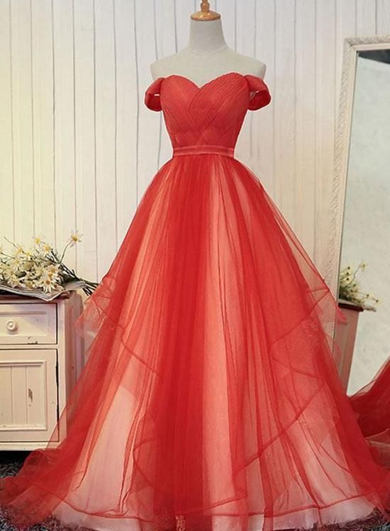 Gorgeous Red Tulle Party Gown, Off The Shoulder Formal Dress, Red prom Gown cg8453
