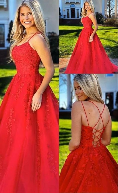 A Line Spaghetti straps Red Prom Dress With Appliques cg8461