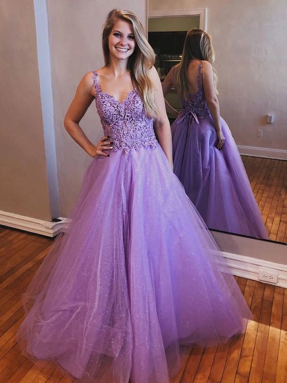 Shiny V Neck Open Back Lavender Lace Long Prom Dresses cg8462