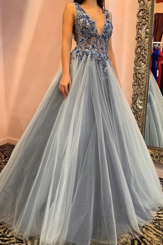 A-line Blue Floral Embellished V-neck Long Formal Prom Dresses cg8478