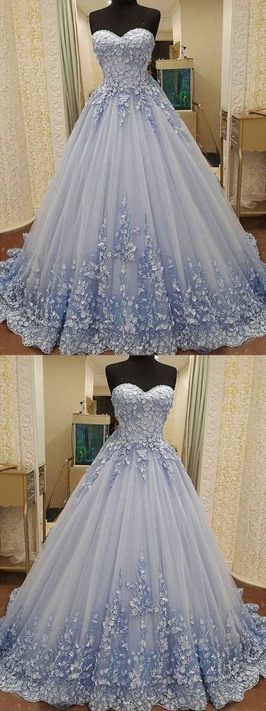 Gorgeous Ball Gown Sweetheart Light Blue Lace Long Prom Dresses with Appliques, Luxurious Quinceanera Dresses cg848