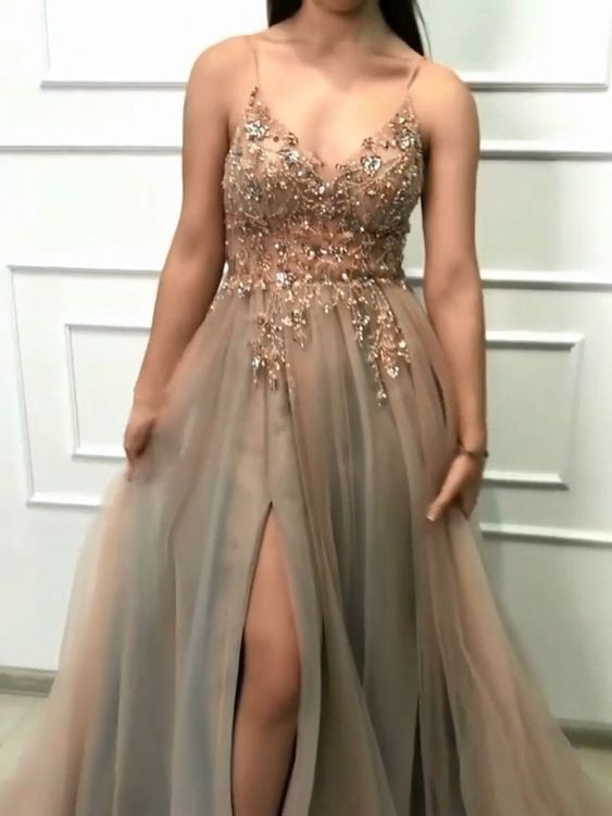 Backless Tulle Beaded Prom Dresses Party Dresses with Spaghetti Straps cg8480