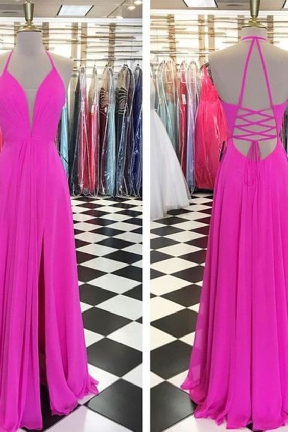 Simple Style A Line Halter Neck Chiffon Prom Dresses Floor Length With Slit cg8485
