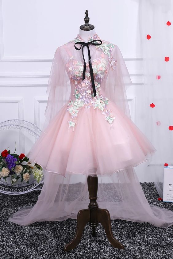 Cute Pink A Line Tulle Off the Shoulder Homecoming Dresses With Flowers cg8500