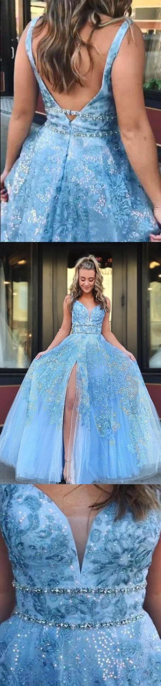 Elegant A Line Lace Appliques Blue V Neck Prom Dresses cg8504