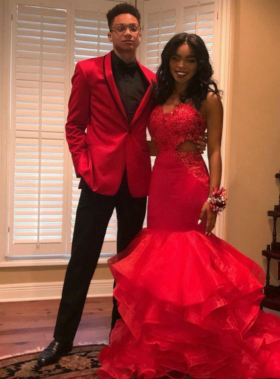 Red Mermaid Tulle Spagehtti Straps Cut Out Appliques Prom Dress 2020 cg8513