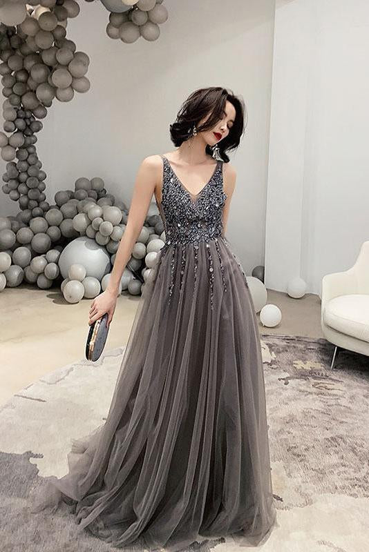 Dark Gray V Neck Sparkly Beading Prom Dress with Sequins, Long Tulle Prom Gown cg8552