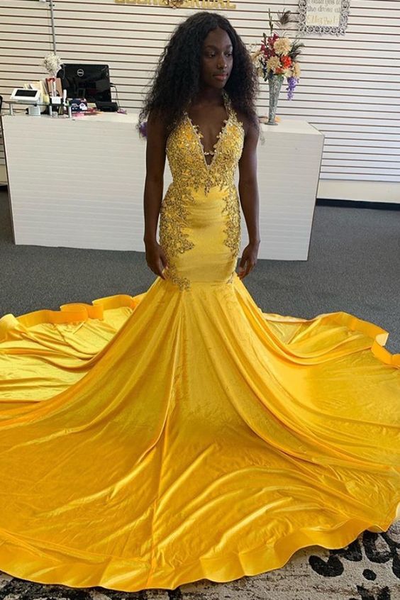 mermaid yellow formal dress with open back prom dress for black girls cg8573