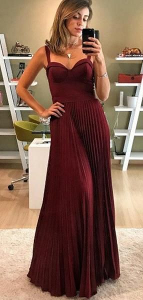 A-Line Spaghetti Straps Pleated Dark Red Satin Long Prom Dresses cg8581
