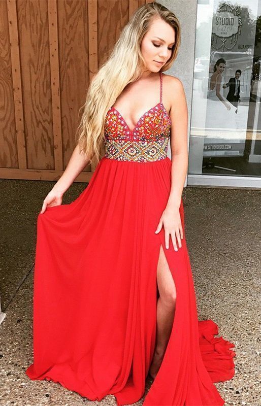 Charming Split Slit Red Prom Dress, Sexy Sleeveless Long Evening Dress cg8596