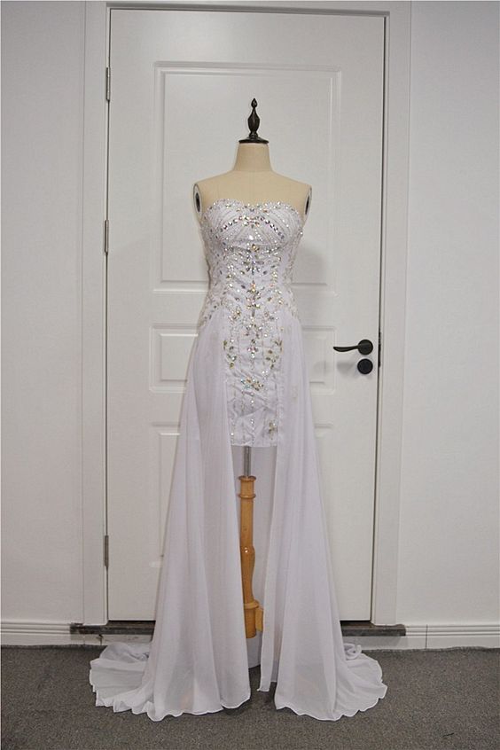 Gorgeous Crystal Beaded High Low Prom Party Dress Sweetheart Sleeveless White Chiffon cg8601