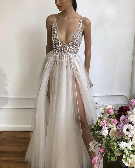 Prom Dresses Long Tulle V-neck Evening Gowns Sequin Beaded cg8602