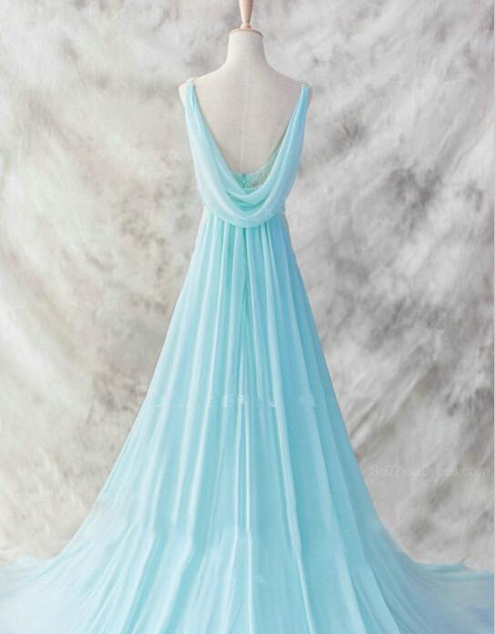 Light Blue Chiffon Long Evening Dress, Blue Beaded Waist Wedding Party prom Dress cg8606