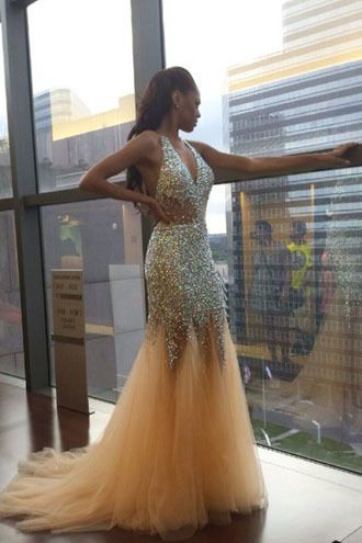 Halter Prom Dresses Mermaid Tulle With Beading Sweep Train cg8611