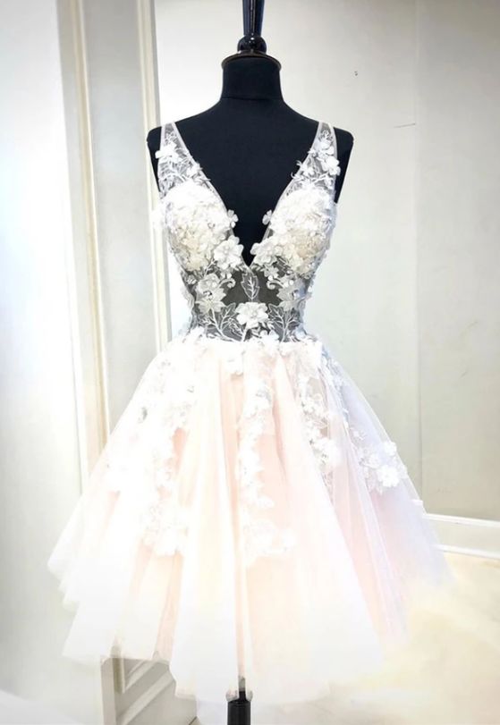 Cute v neck tulle appliqué short homecoming dress cg8615