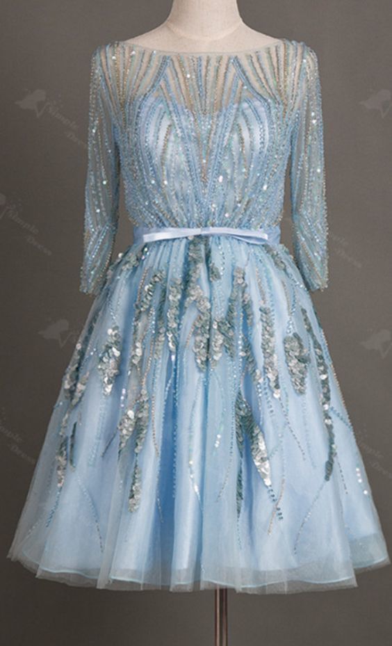 Sequins A-Line Short Homecoming Dress,Bateau 3/4 Sleeves Homecoming Dress cg8625