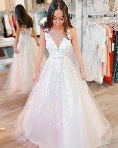 A-line White Lace Appliques Tulle Long Prom Dress cg8651