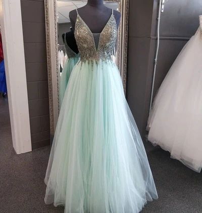A-line Beaded Mint Green Tulle Long Prom Dress cg8652