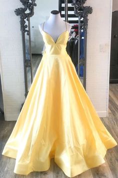 spaghetti straps yellow satin long prom dress cg8665