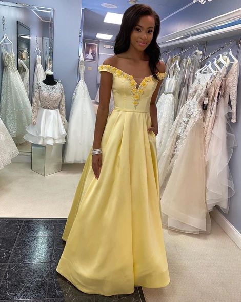 Off the Shoulder Yellow Satin Long Prom Dress cg8666