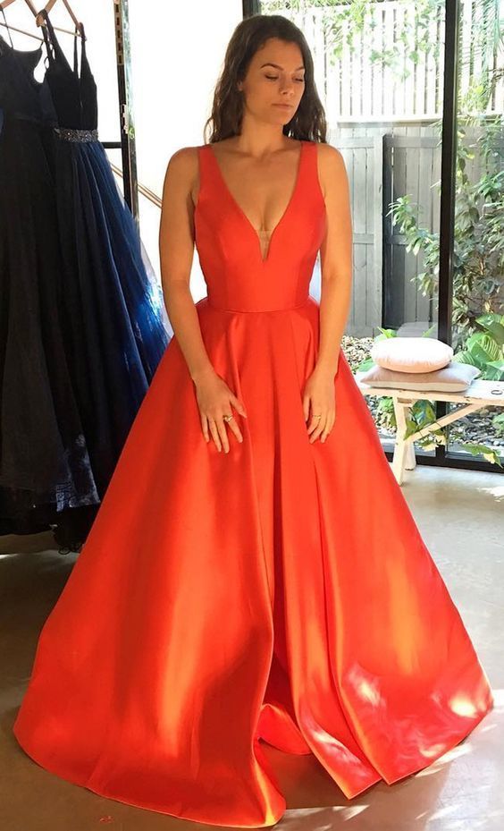 Elegant V neck A Line Prom Dress, Satin Long Evening Dresses cg8676