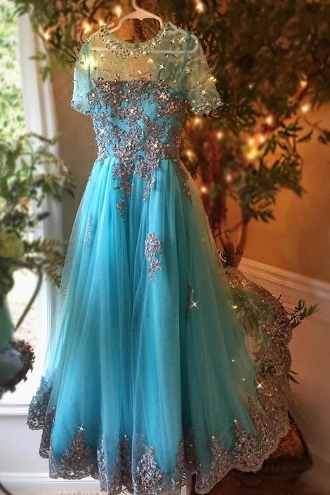 Dark turquoise organza see-through applique beading long prom dresses, evening dresses cg8694
