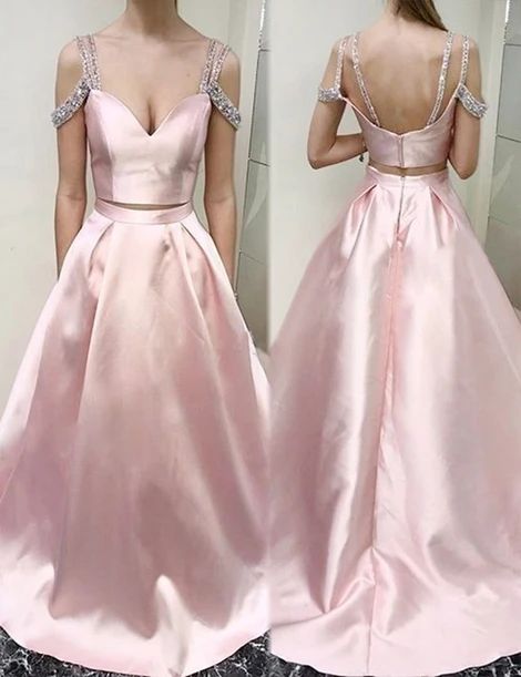Two Piece Scoop Cold Shoulder Pink Floor-length Beading Prom Dress cheap prom dresses cg8698