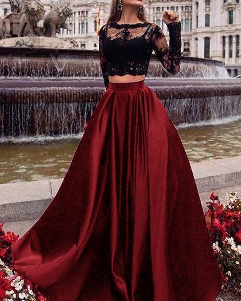 Crop Top Two Pieces Long prom Dress with lace appliques with Long sleeves cg8706