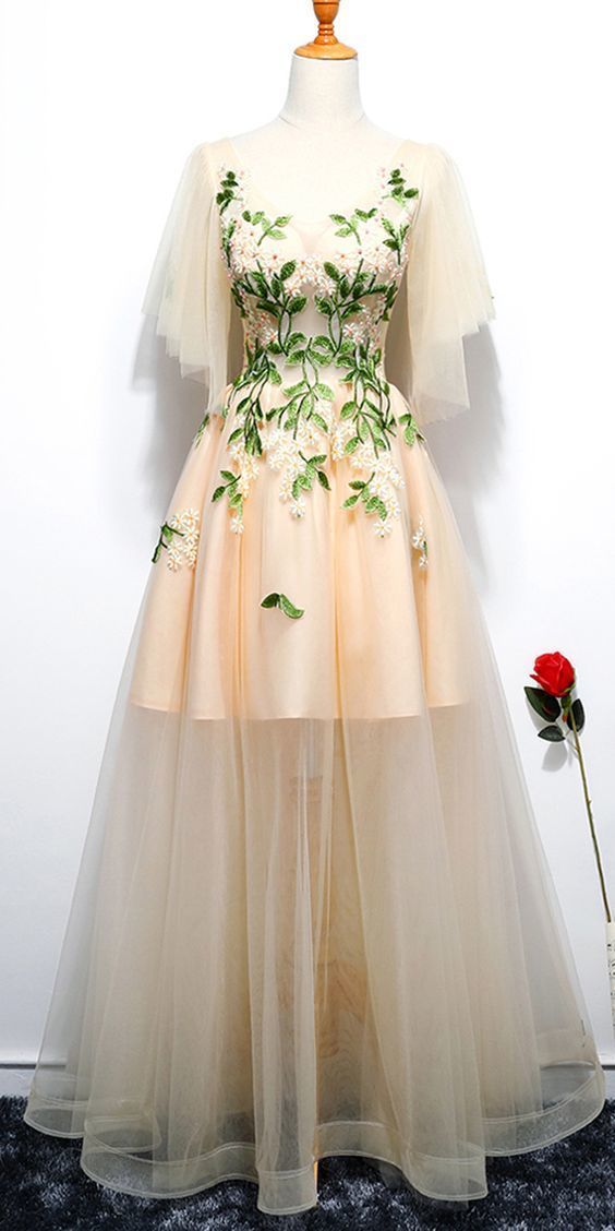 Champagne A Line Tulle V Neck Long Embroidery Lace Short Sleeves Evening prom Dress cg8709