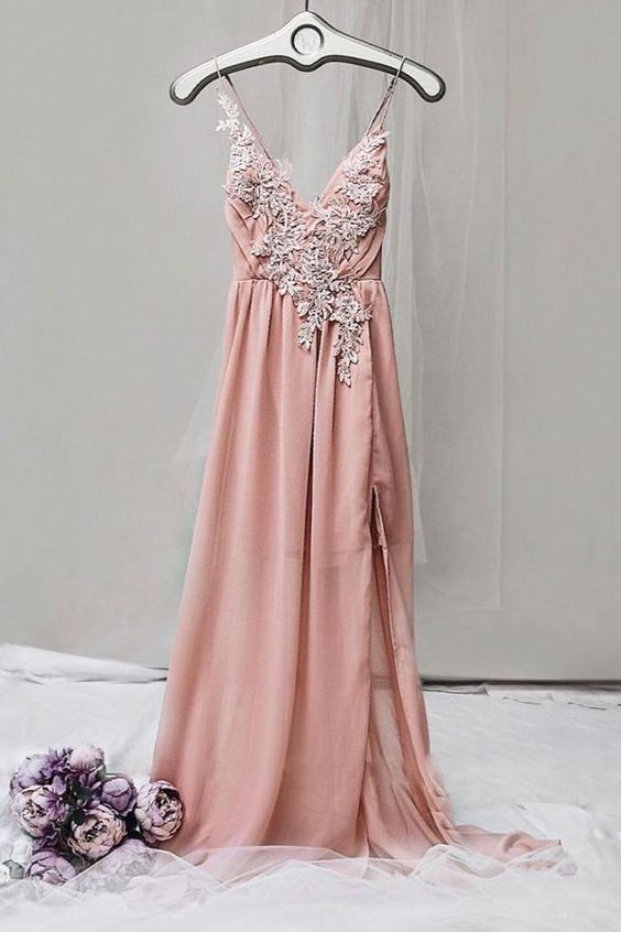 Pink v neck chiffon lace long prom dress, pink evening dress cg8711
