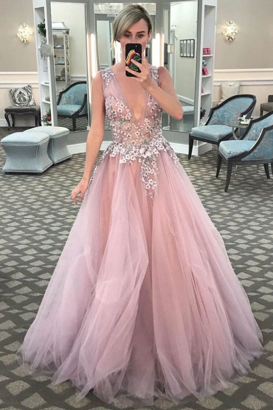 V-Neck Pink Long Prom Dress with Floral Embroidery cg8714